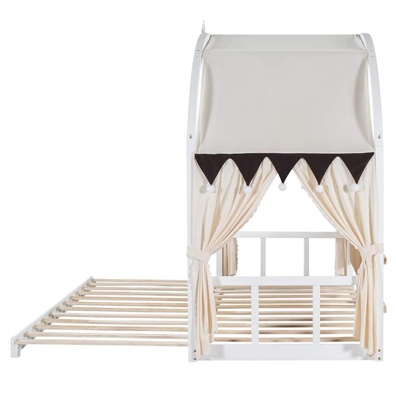 Wood Twin Size Bed Frame with Arched Roof, Floor Bed with Light and Curtain, Pull-out Kids Bed for Girls Boys Bedroom