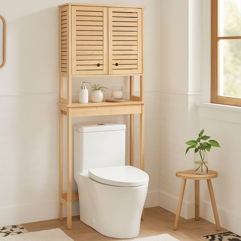 Over The Toilet Storage Cabinet with Double Vented Doors and Open Shelf, Natural - Trinidad Collection