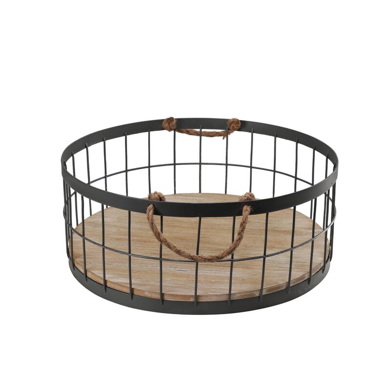 Set of 2 Wire Baskets with Wooden Base and Handles - 6.02