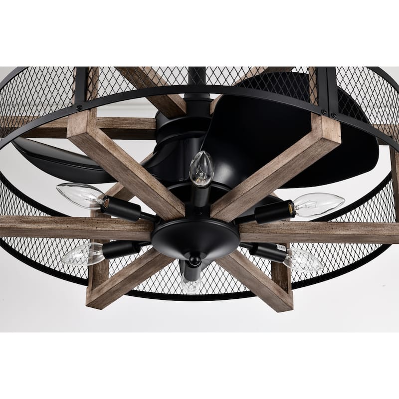 Wulf 24 Inch Imitation Wood Grain Cage Fandelier - N/A