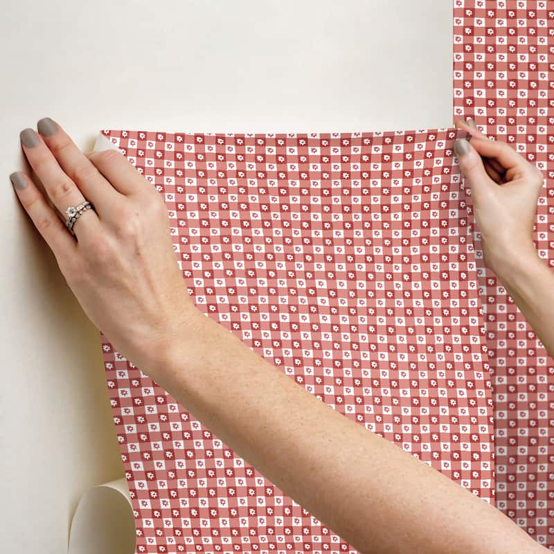 Rifle Paper Co. Daisy Gingham Red Floral Check Premium Peel + Stick Wallpaper