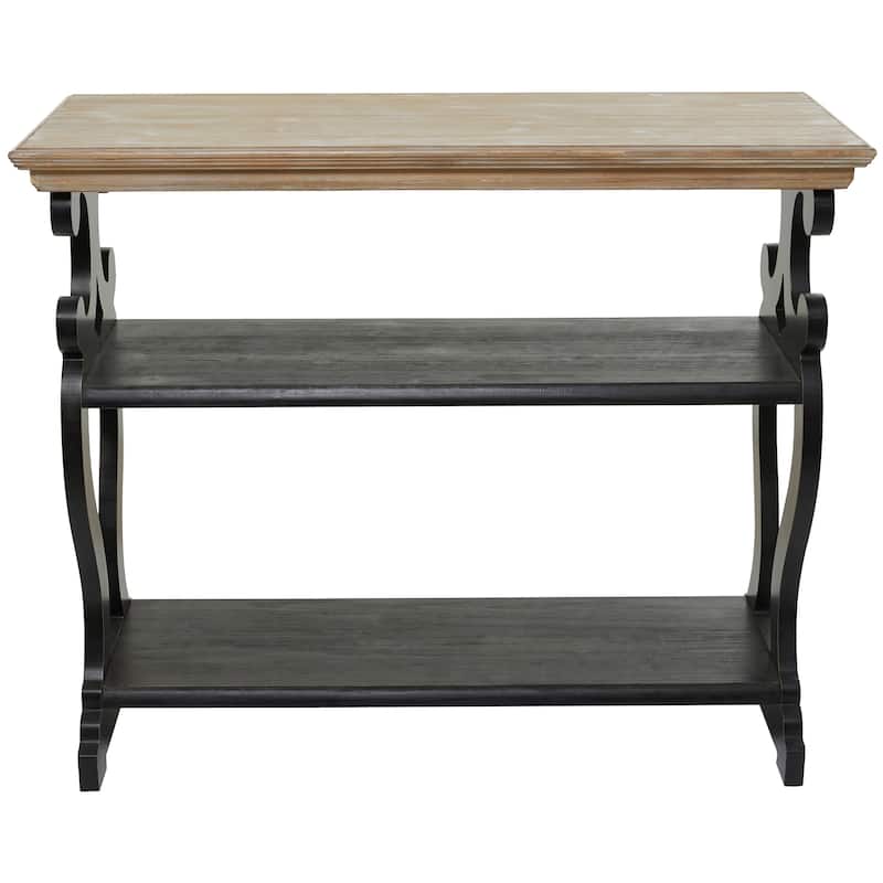 White Wood Scroll Side Frames 2 Shelf Console Table with Brown Wood Top - White or Black