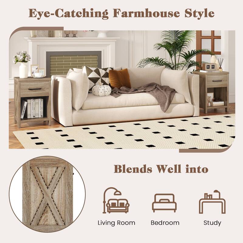 Gymax 2PCS Nightstand Sofa Side Table Rustic End Table w/Drawer Shelf