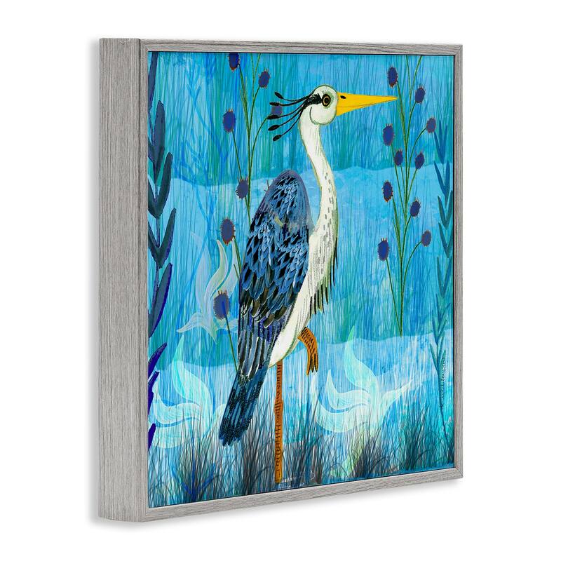 Stupell Standing Crane with Blue Tones Framed Giclee Art Design By Kay Widdowson