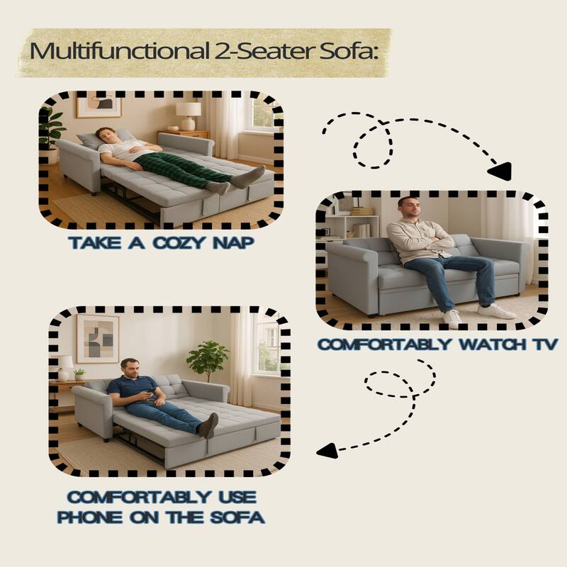 Velvet 2-Seater Sofa Bed, Pull-Out Couch Loveseat with Scroll Arms, Sleeper Sofa with Adjustable Backrest