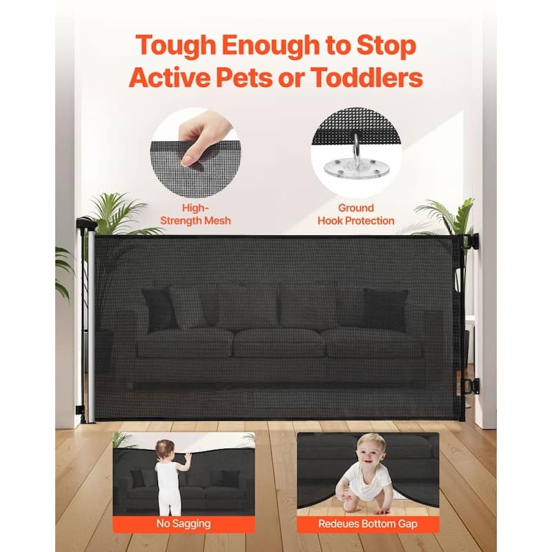 Retractable Baby Gate with Escape-Proof Bottom Hook and Mesh Design for Kids and Pets Safety