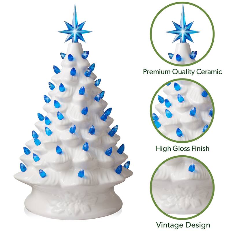 15in White Ceramic Christmas Tree Hand Painted PreLit with Star