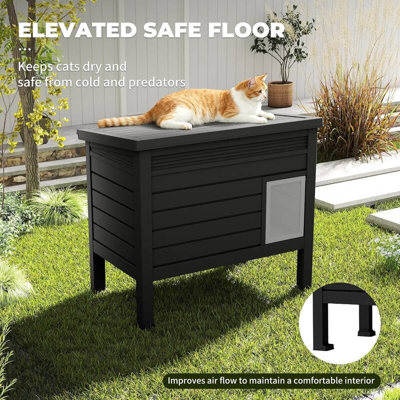 Outdoor Cat House,Weatherproof Resin Feral Cat Shelter(Black)