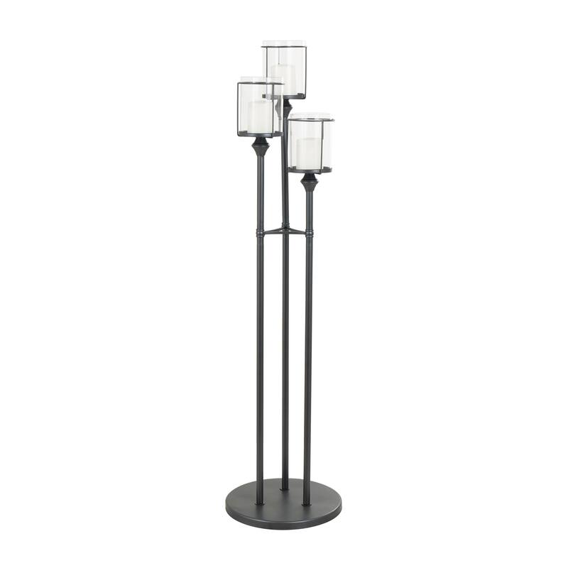 Metal Tall Floor Hurricane Lamp with 3 Posts and Round Base - Black - Roche River Decor - 14"W x 14"L x 55"H