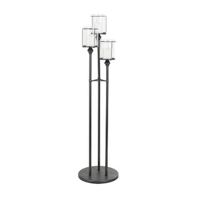 Metal Tall Floor Hurricane Lamp with 3 Posts and Round Base - Black - Roche River Decor - 14"W x 14"L x 55"H