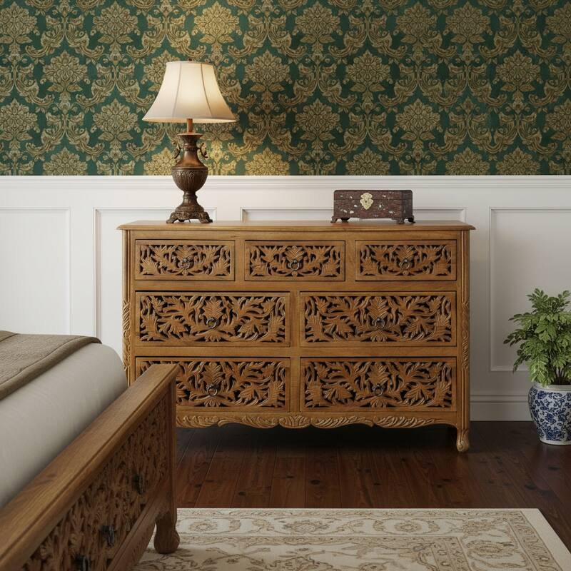 HomeRoots 57" Brown Carved Floral Solid Wood Seven Drawer Dresser - Brown - 7-drawer