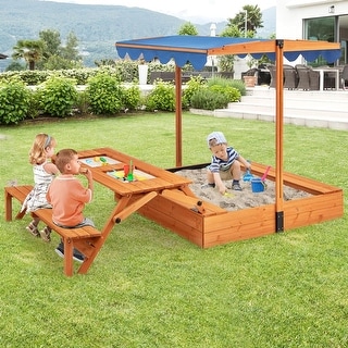 Kids Wooden Sandbox w/ Canopy Foldable Picnic Table & Bench w/ Sandpit