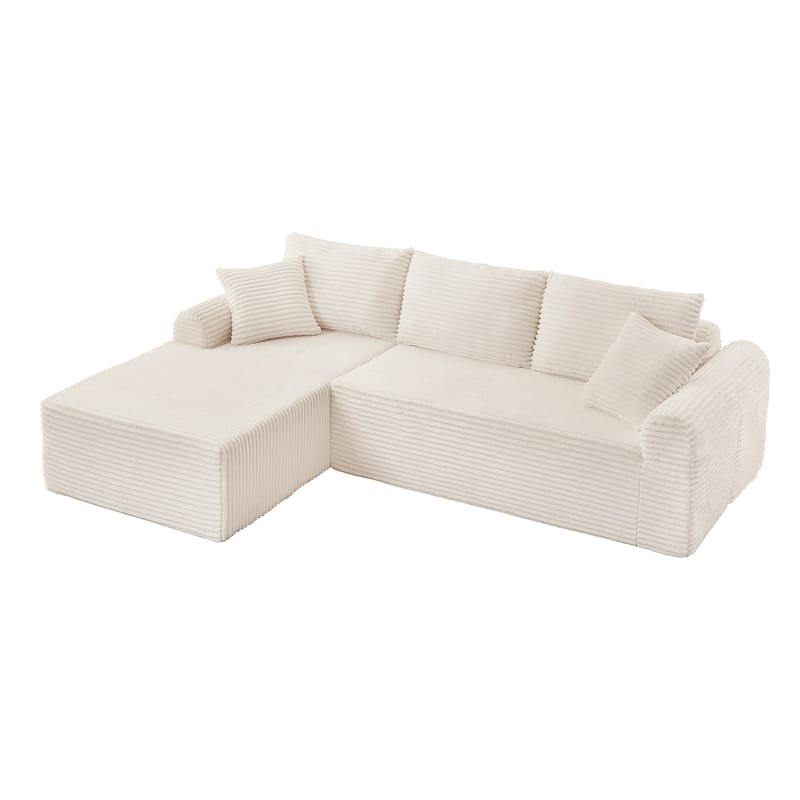 Cozy Corduroy Sectional Sofa with Arched Armrests and Cushions and Throw Pillows for Living Room - Beige
