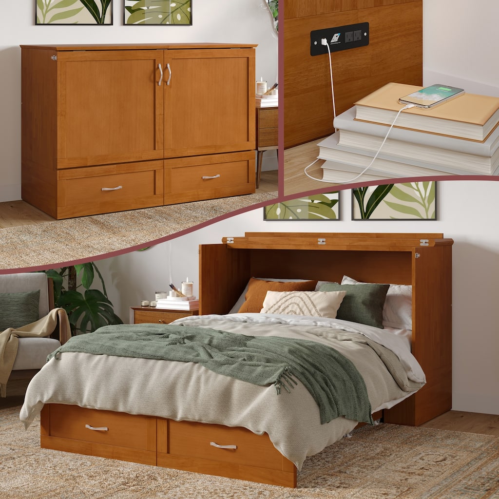 Hamilton Full Murphy Bed Chest with 6" Mattress, Storage Drawer & Built-In Charger in Light Toffee
