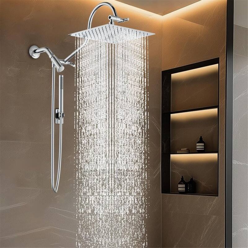 10“ All Metal Dual Shower Combo with Curved Extension Arm and Hand Shower, Square Adjustable, 71” Extra Long Shower Hose