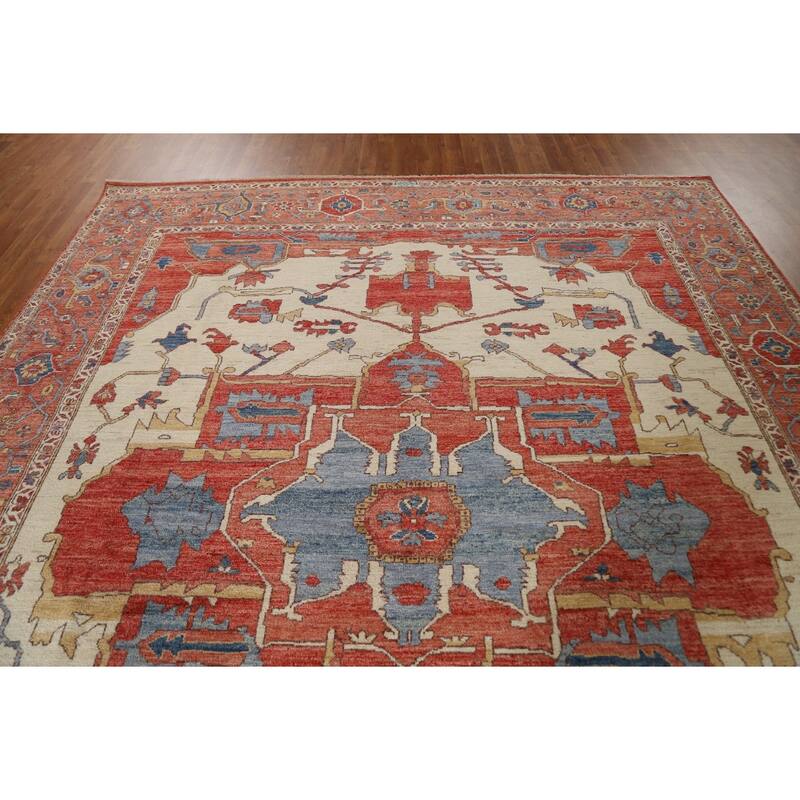 Hand Knotted Oriental 100% Wool Carpet Traditional Medallion Beige & Ivories Heriz (serapi) Area Rug - 11' 10'' X 9' 2''