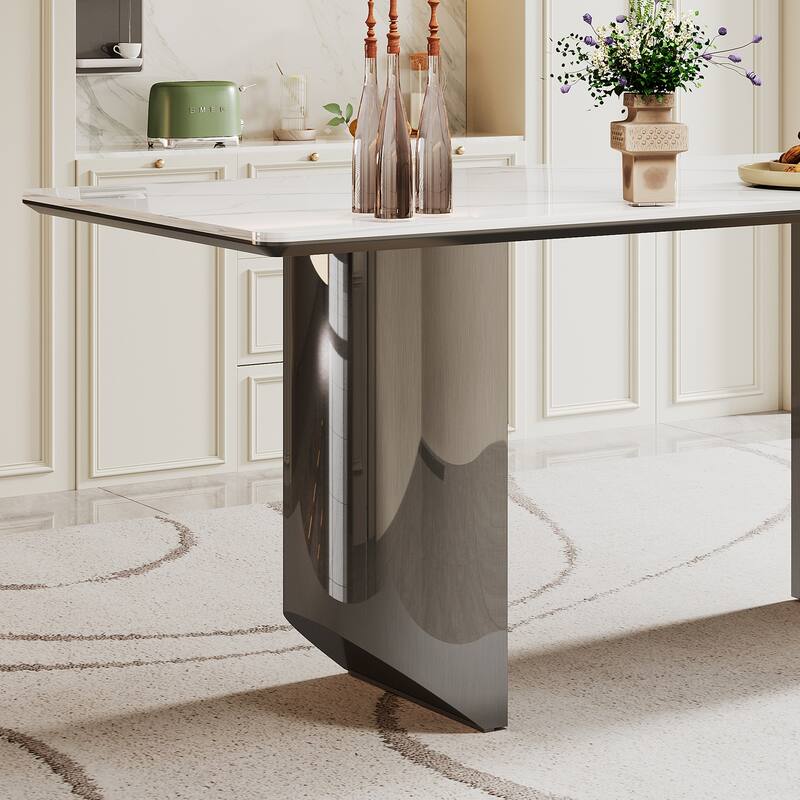 0.47" Thick Sintered Stone Composite Tempered Glass Top Dining Table with Stainless Steel Base