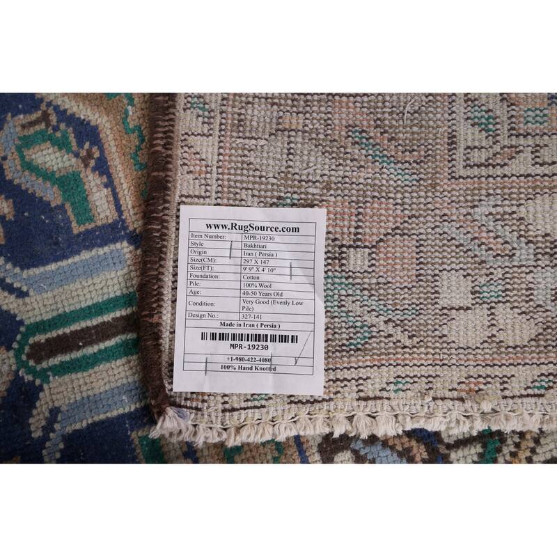 Beige Geometric Bakhtiari Vintage Persian Rug Handmade Wool Carpet - 4'10" x 9'9"