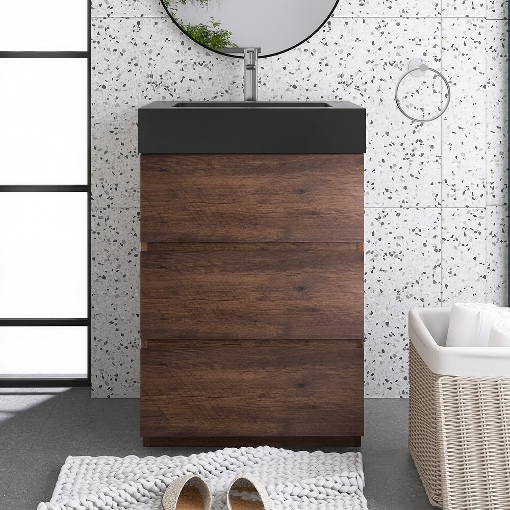 Freestanding Bathroom Vanity with Black Solid Surface Top