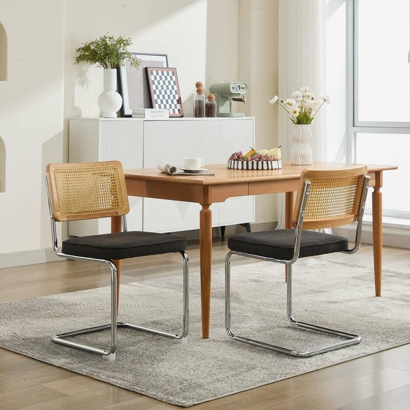 Mid Century Modern Dining Chairs Set of 2, Natural Cane Back & Stainless Chrome Base, Upholstered Rattan Kitchen Chairs - Black
