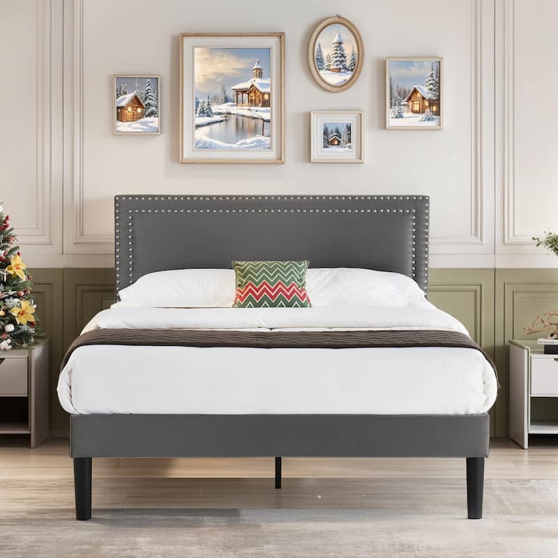 VECELO Upholstered Bed Frames with Height Adjustable Headboard