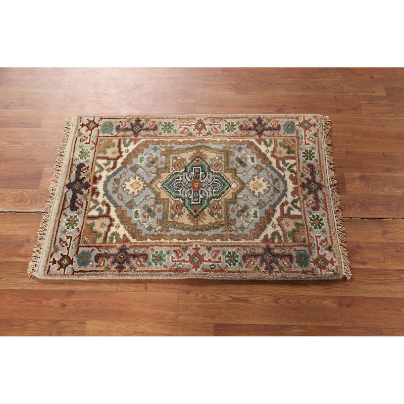 Gray Geometric Heriz Serapi Indian Accent Rug Handmade Wool Carpet - 2'0"x 3'0"