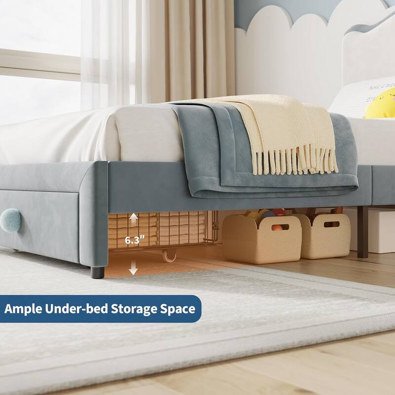 Upholstered Bed Frame for Kids with Storage Drawer and Scallop Headboard, No Box Spring Needed