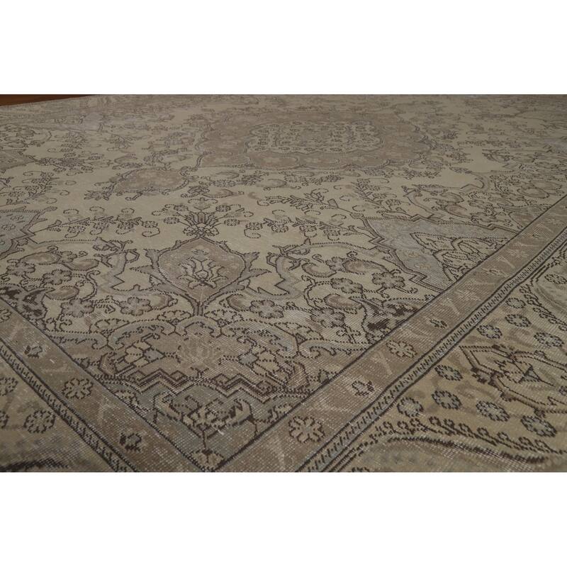 Traditional Tabriz Persian Vintage Rug Handmade Beige Wool Carpet - 9'7" x 12'1"