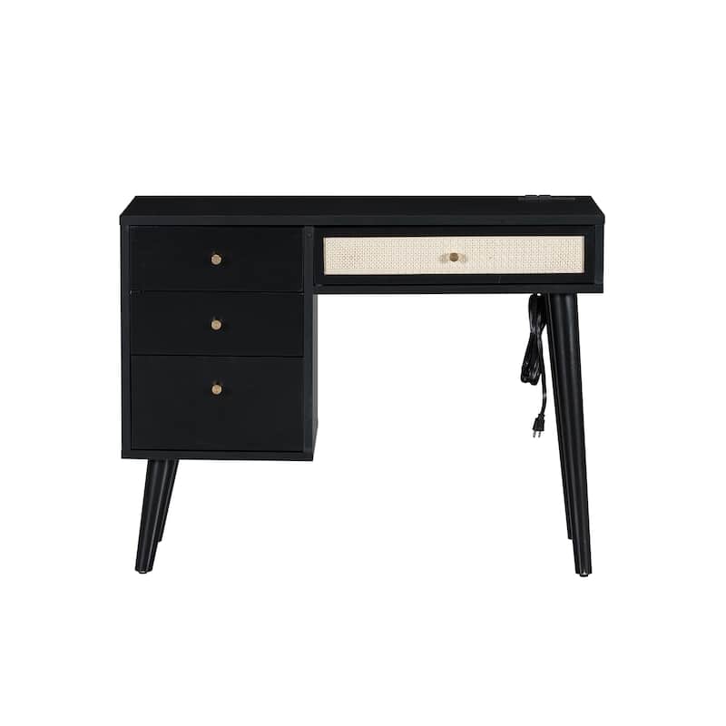 39" Retro Bohemian Style Wooden Makeup Vanity Set with Charging Plug&USB Port and Stool - Black
