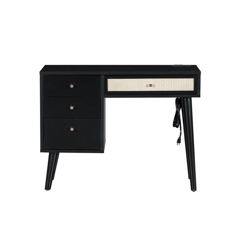 Vanity Set with Rattan Drawers, USB Ports & Stool