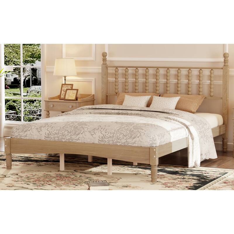 Natural Wood Queen Platform Bed with Curved Gourd Headboard, Vintage-Inspired Frame with Sturdy Slat Support