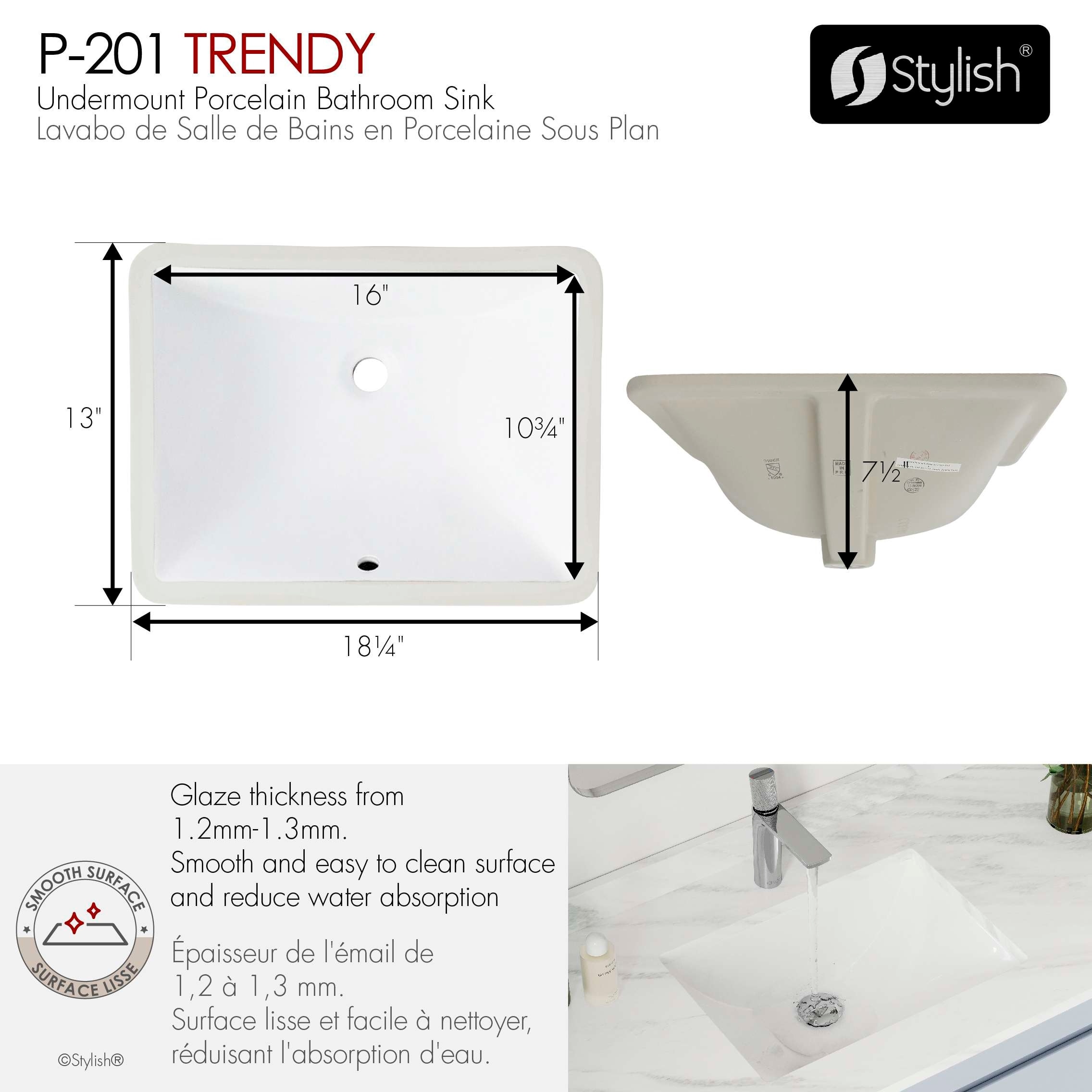 STYLISH 18x13 inch Porcelain Rectangular Undermount Vanity Sink