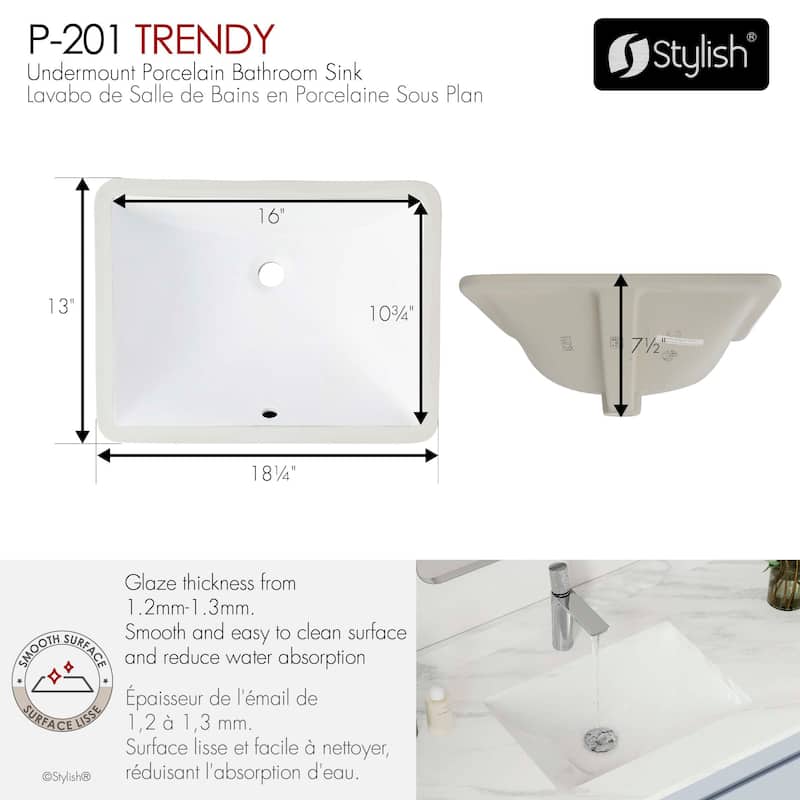 STYLISH Porcelain Rectangular 18 inches Undermount Ceramic Bathroom Sink with Overflow