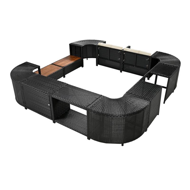 Outdoor Rattan Spa Frame Conversation Sofa Set with Storage & Wooden Bench