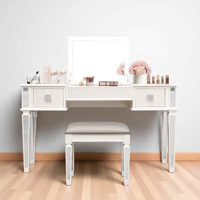 Makeup Vanity Desk with LED Mirror, Flip Storage, 2 Drawers, Silver Finish & Upholstered Chair