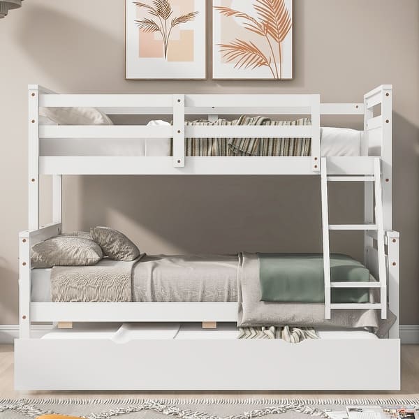slide 2 of 12, White Twin Over Full Bunk Bed with Safety Guardrail & Ladder, Wooden Bunk Bed Frame w/ Trundle, Convertible to 2 Separated Beds White - Full