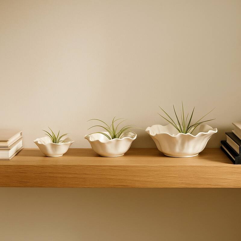 Ceramic Accent Bowl, Scalloped Edge-Set of 3-13", 11", 8", Ivory & Tan - 13.0"