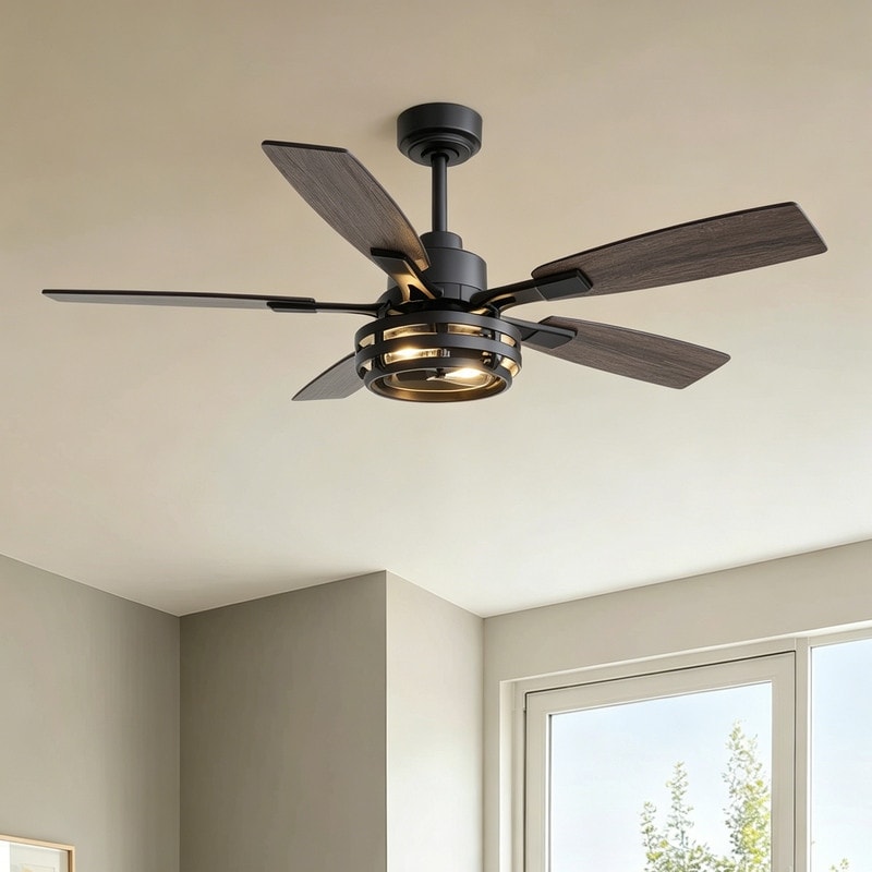 52Inch Farmhouse Black Caged Ceiling Fans With Light Modern Rustic Wood Grain Fandeliers For living room dining room - 52in.