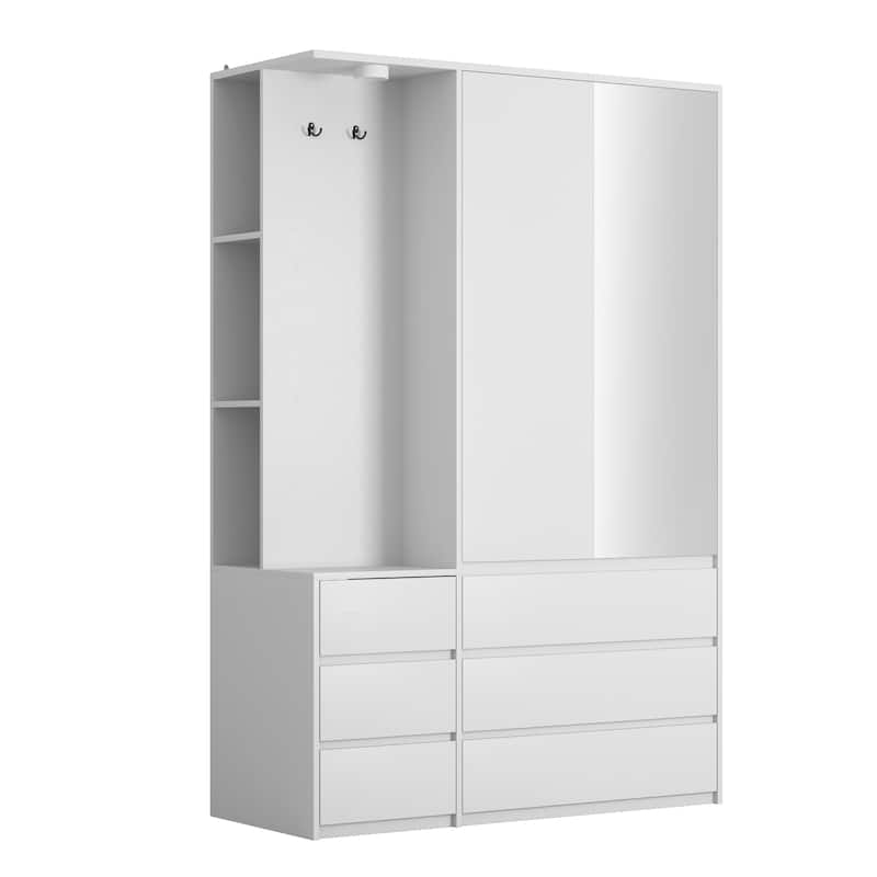 71.7" H Modern Wardrobe Closet with 2 Doors & 6 Drawers, Wooden Clothing Storage Cabinet with Hanging Rail