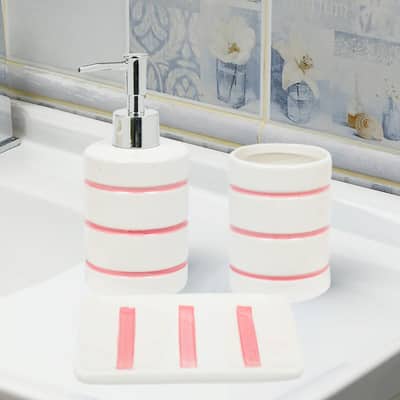 White Pink Striped Dolomite Bathroom Accessories Set - Soap Dispenser, Soap Dish & Tumbler