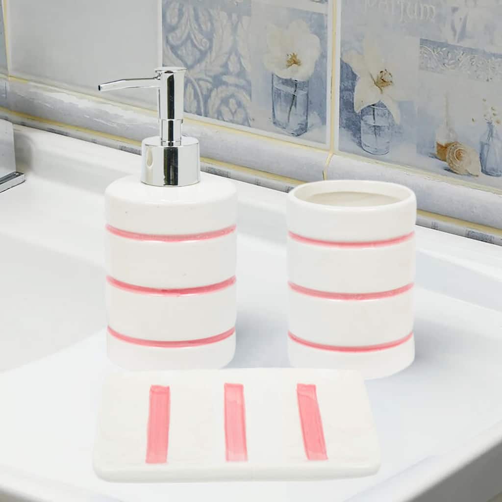White Pink Striped Dolomite Bathroom Accessories Set - Soap Dispenser, Soap Dish & Tumbler