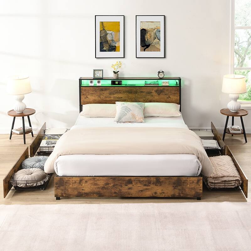 Queen Storage Bed Frame with Charging Station, LED Lights & Noise-Free Design, Easy Assembly