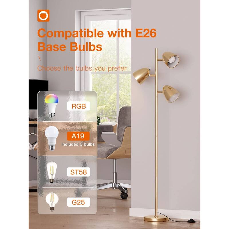 Tree Floor Lamp with 3 Adjustable Rotating Lights and Matching LED Bulbs, Standing Tall Pole Lamps - Gold