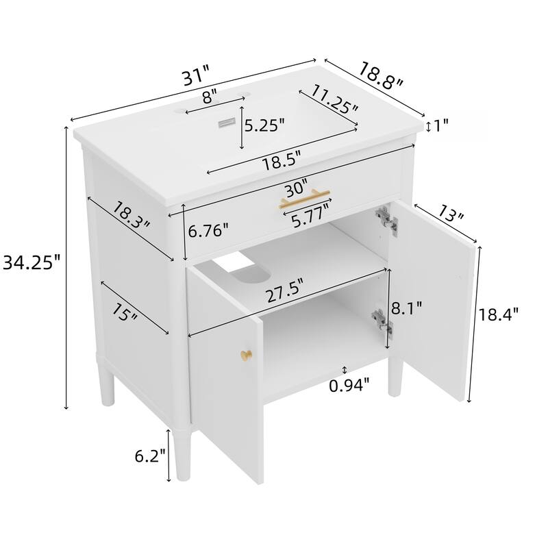 31" Bathroom Vanity with Sink, Bathroom Cabinet with Soft Close Doors and Adjustable Shelf, Curved Profile Design