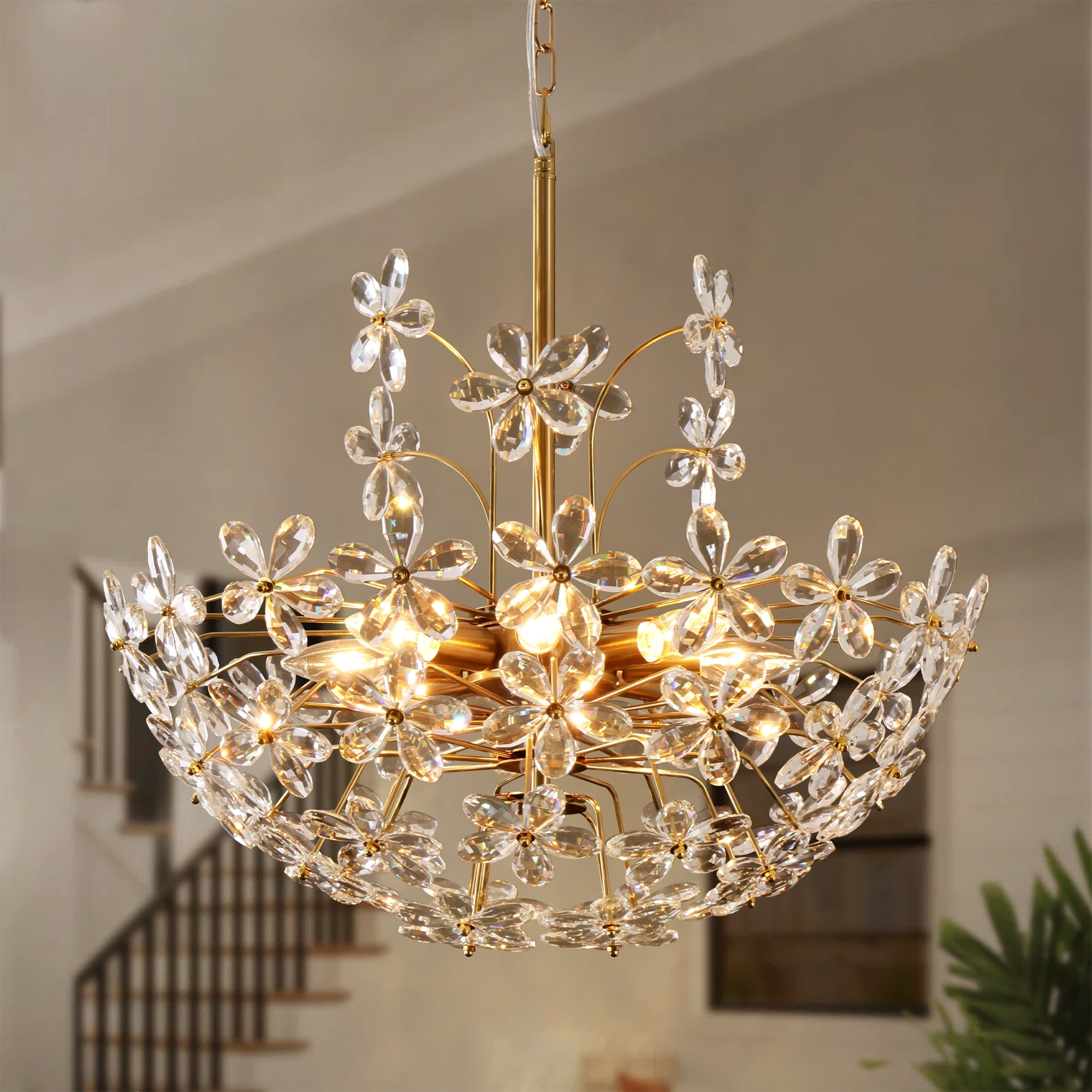 Rennnsan 8-Light Brass Crystal Floral Basket Chandelier with Daisy