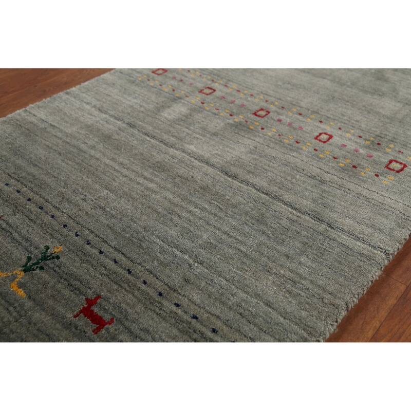 Grays & Green Striped Gabbeh Indian Rug Hand-Knotted Wool Carpet - 2'7"x 4'9"