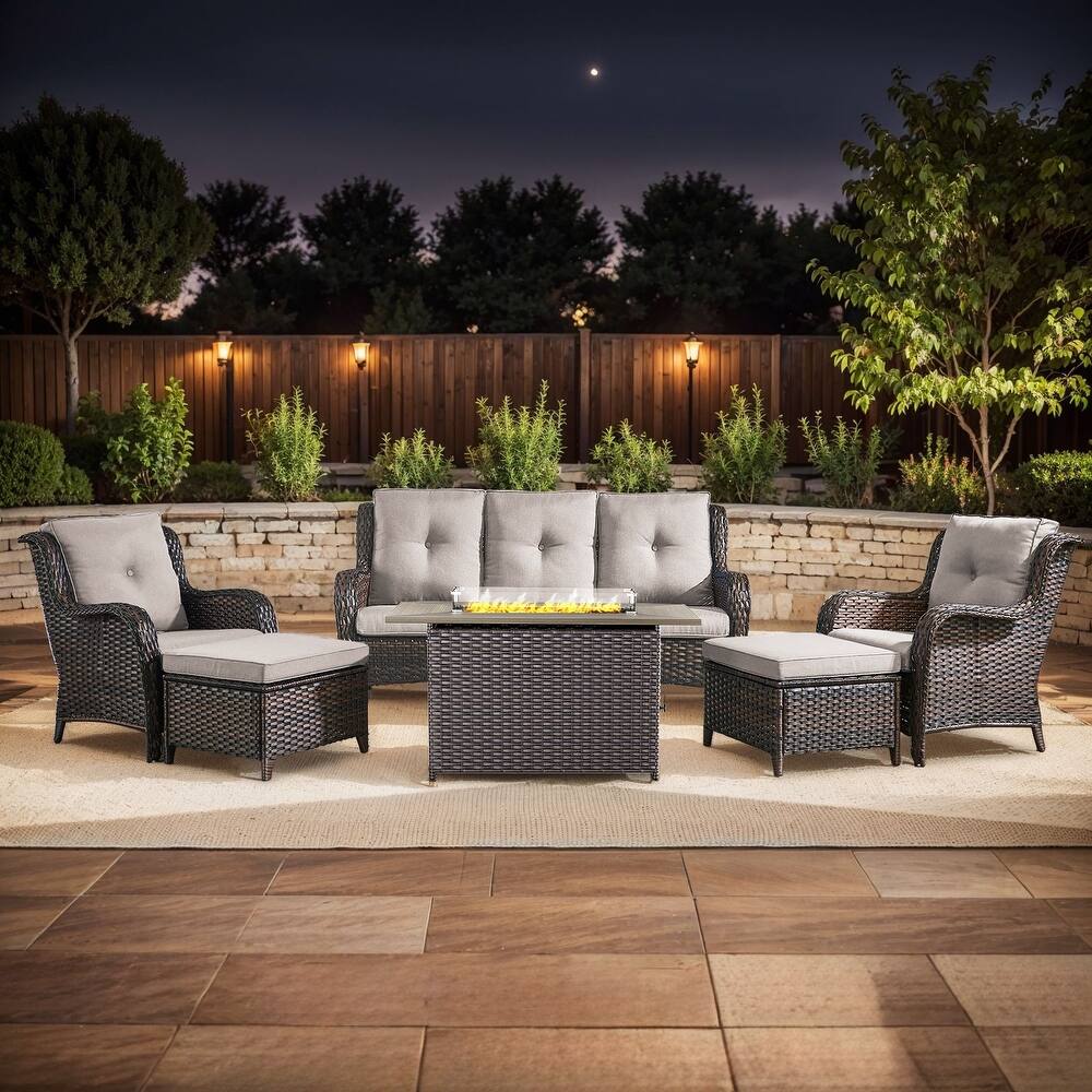 Fire Pit Table with Patio Sofa Chairs and Ottomans