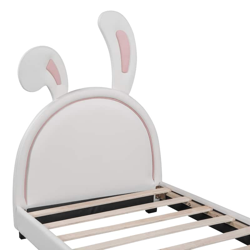 Upholstered Leather Platform Bed with Rabbit Ornament