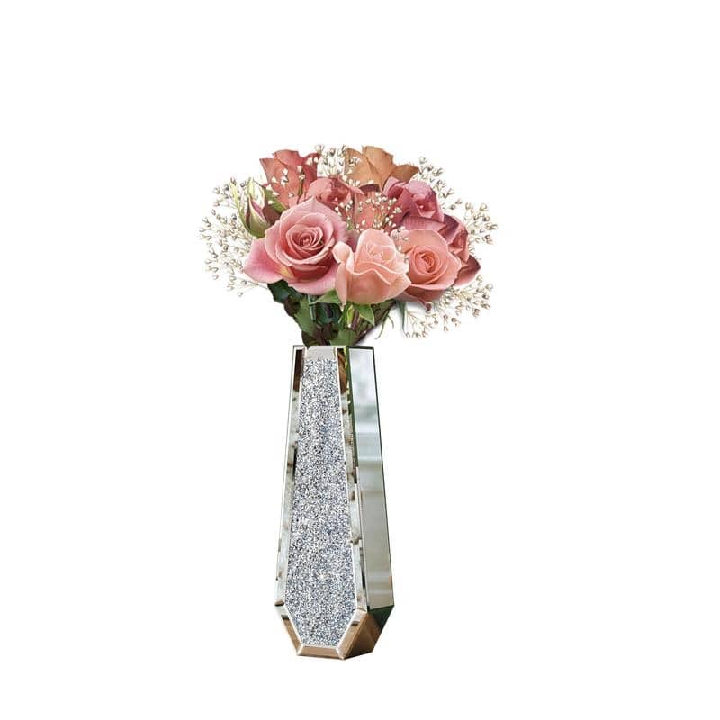 Glam Tall Crushed Diamond Floor Vase Crystal Silver for Home Decor