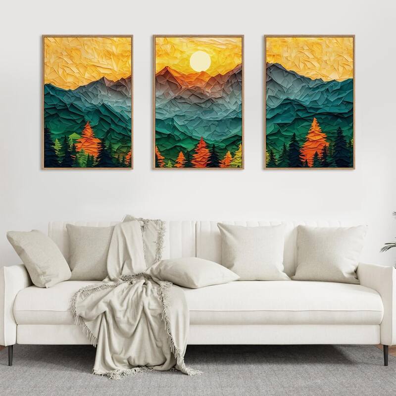 Forest Pine Tree Golden Sunset Wall Decor, Mixed Patchwork Landscape